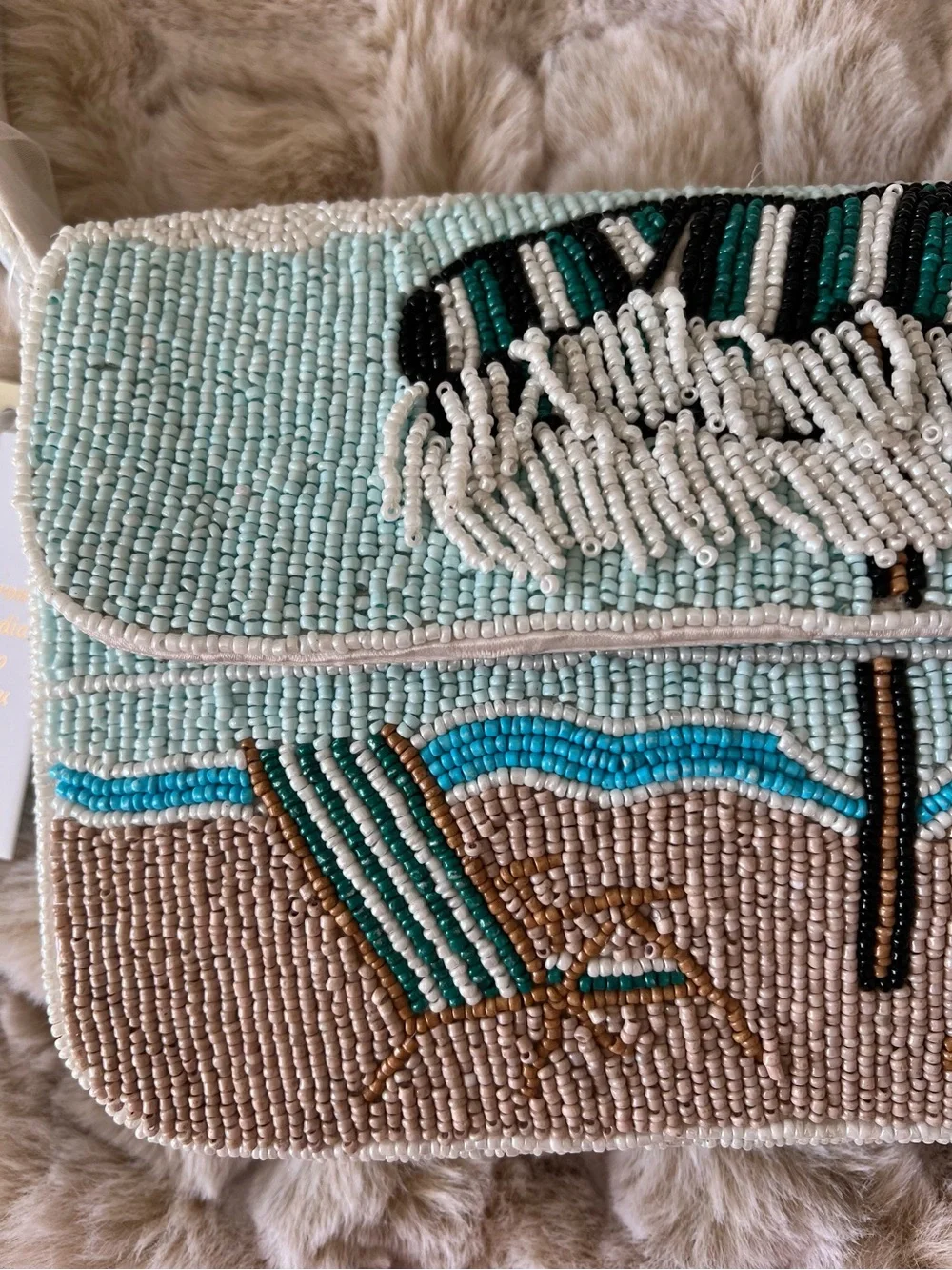 Beaded Beach Scene Beaded Shoulder Bag in Light Blue & White NWT